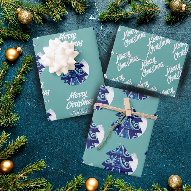 Christmas Tree Artistic Blue Merry Script Wrapping Paper Sheet (Creator Uploaded)