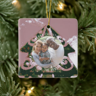 Christmas Tree Artistic Green Pink Family Photo Ceramic Ornament