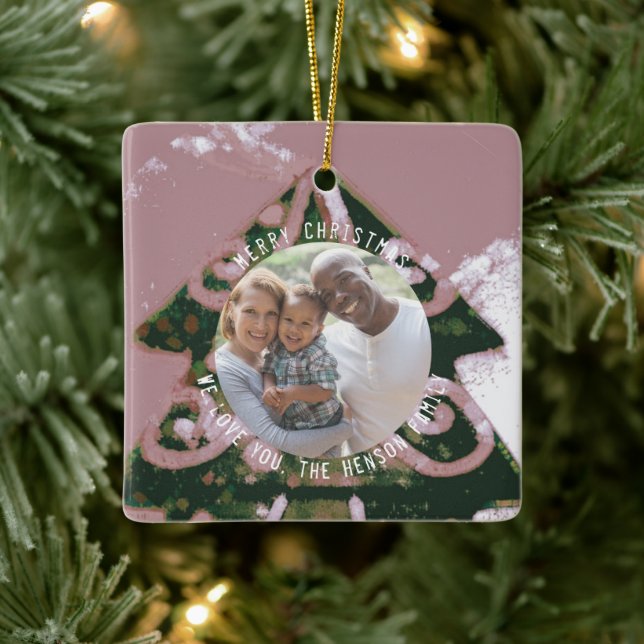 Christmas Tree Artistic Green Pink Family Photo Ceramic Ornament (Tree)