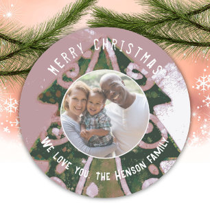 Christmas Tree Artistic Green Pink Family Photo Classic Round Sticker