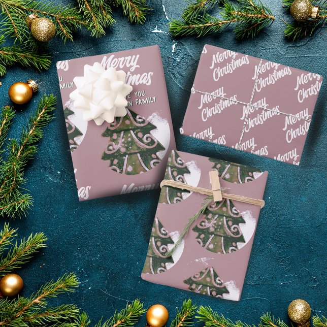 Christmas Tree Artistic Green Pink Merry Script Wrapping Paper Sheet (Creator Uploaded)