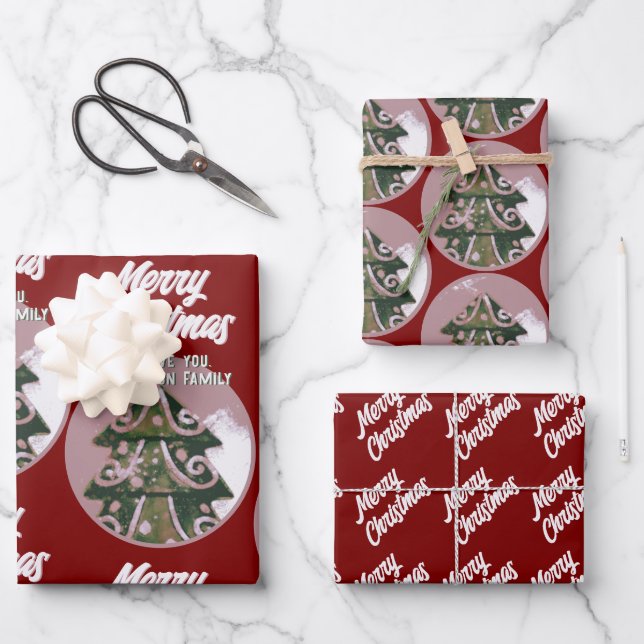 Christmas Tree Artistic Green Pink Merry Script Wrapping Paper Sheet (Front)