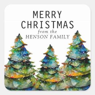Christmas Tree Artistic Watercolor Family  Square Sticker