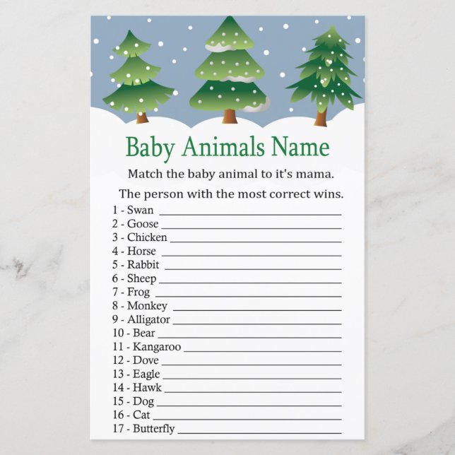 Christmas tree Baby Animals Name Game baby shower (Front)