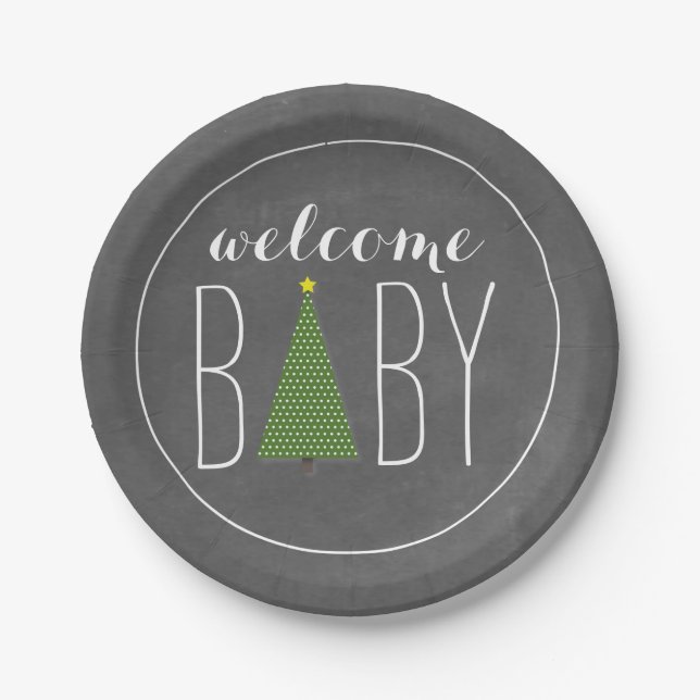 Christmas Tree Baby Shower - Chalk Inspired Paper Plate (Front)