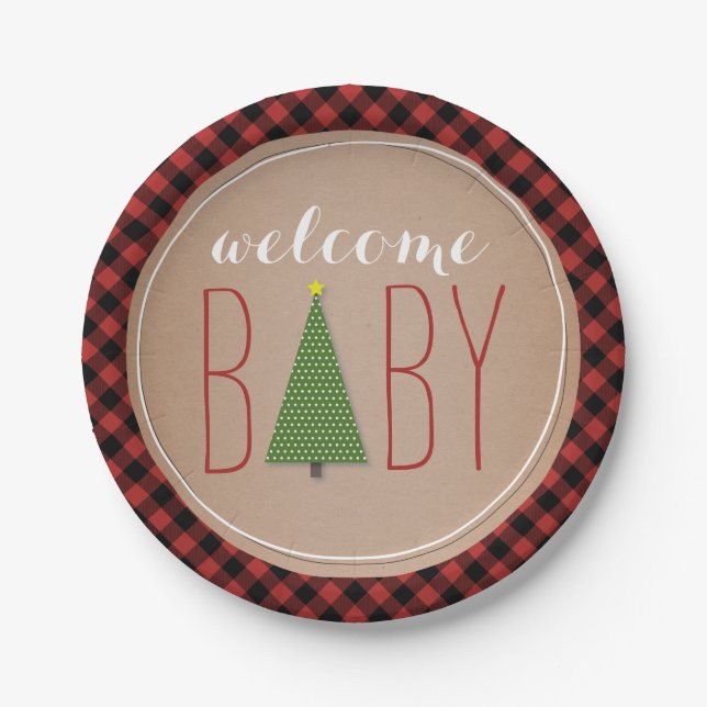 Christmas Tree Baby Shower - Plaid Paper Plate (Front)