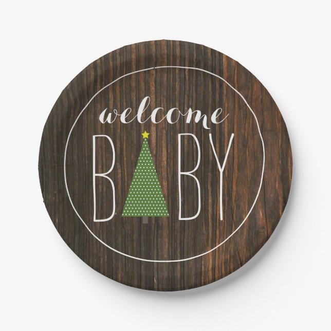 Christmas Tree Baby Shower - Wood Inspired Paper Plate (Front)
