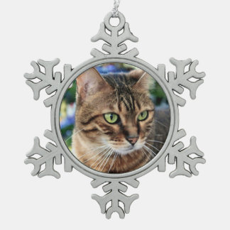 Christmas Tree Background Bengal Cat Snowflake Snowflake Pewter Christmas Ornament