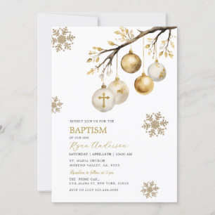 Christmas Tree Baubles Gold Snowflakes Baptism Invitation