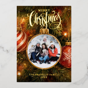 Christmas Tree Baubles Photo Elegant Foil Holiday Card