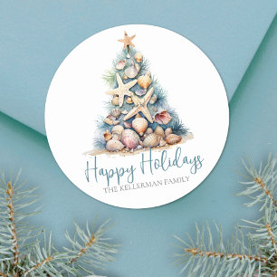 Christmas Tree Beach Happy Holidays Classic Round Sticker
