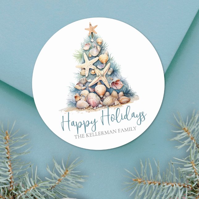 Christmas Tree Beach Happy Holidays Classic Round Sticker (Christmas Tree Beach Happy Holidays Classic Round Sticker)