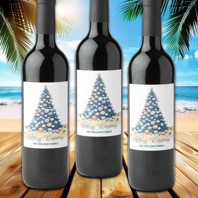 Christmas Tree Beach Merry Christmas Wine Label (Creator Uploaded)