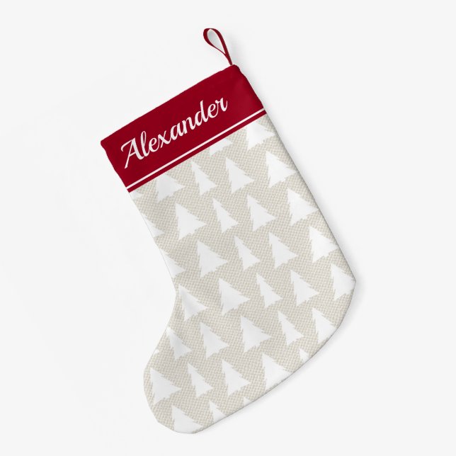 Christmas Tree Beige Burgundy Pattern Custom Name Small Christmas Stocking (Back (Hanging))