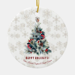 Christmas Tree Berries Holiday Wishes Monogram Ceramic Ornament