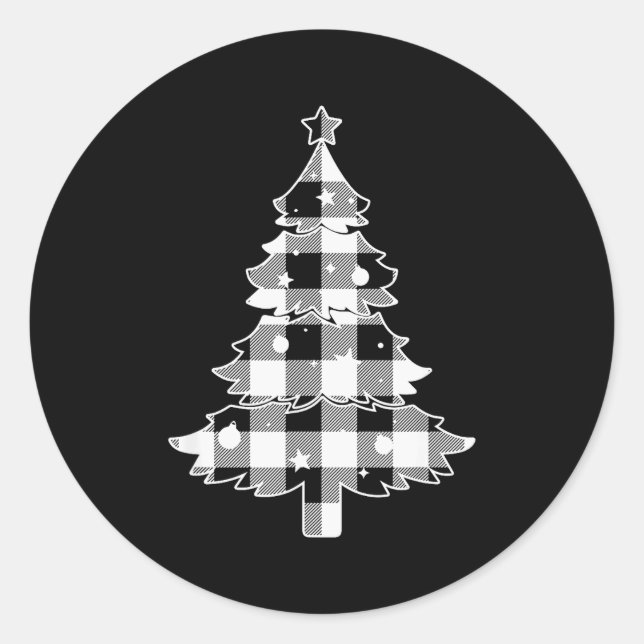 Christmas Tree Black &amp; White Buffalo Plaid Mer Classic Round Sticker (Front)