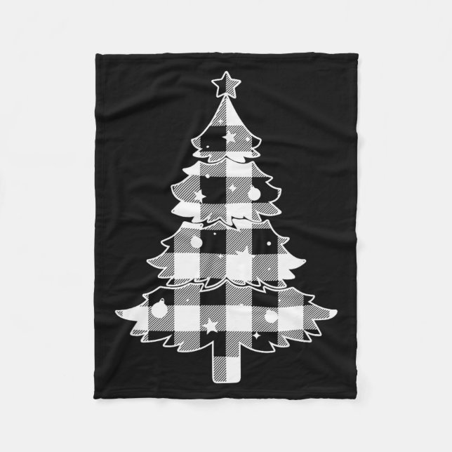 Christmas Tree Black &amp; White Buffalo Plaid Mer Fleece Blanket (Front)