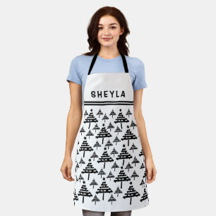 Christmas Tree Black and White Pattern Name Apron
