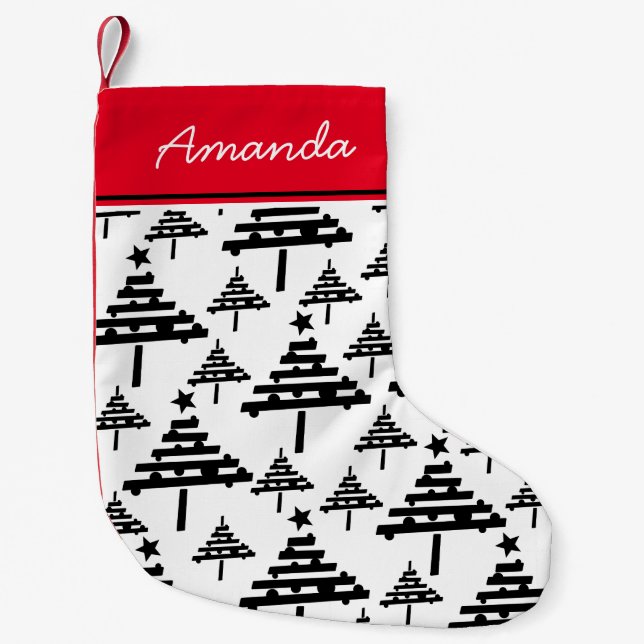 Christmas Tree Black and White Stockings with Name (Front)
