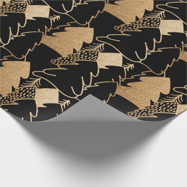 Christmas Tree Black Gold Fancy Glitter Wood Wrapping Paper (Corner)