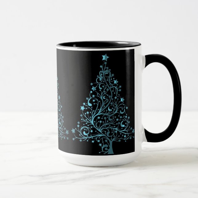 Christmas Tree Black Metallic Blue Elegant Shiny Mug (Right)