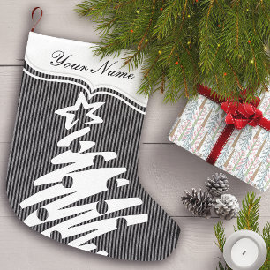 Christmas Tree Black Striped Modern Holiday Large Christmas Stocking