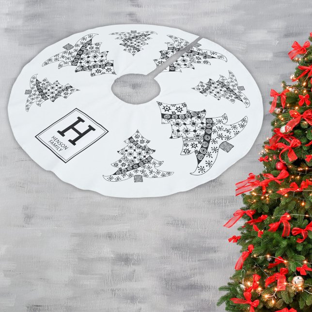 Christmas Tree Black & White Holiday Monogram Brushed Polyester Tree Skirt (Creator Uploaded)