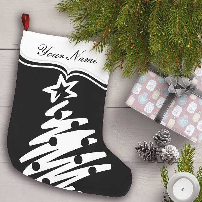 Christmas Tree Black White Modern Holiday Large Christmas Stocking (Creator Uploaded)