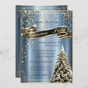 Christmas Tree Blue Metallic Company Christmas  Invitation