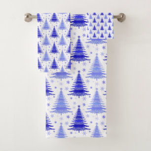 Christmas Tree Blue Periwinkle Pattern Design Bath Towel Set
