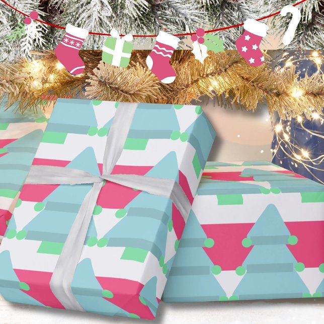 Christmas Tree Blue Pink White  Wrapping Paper (Creator Uploaded)