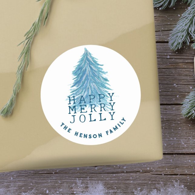 Christmas Tree Blue Watercolor Holiday  Classic Round Sticker (Creator Uploaded)