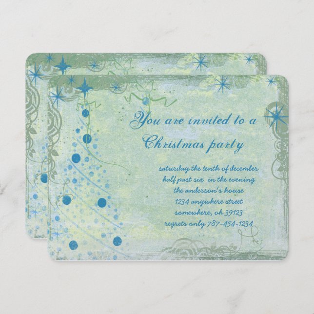 Christmas Tree Blues Grunge Party Invitation (Front/Back)