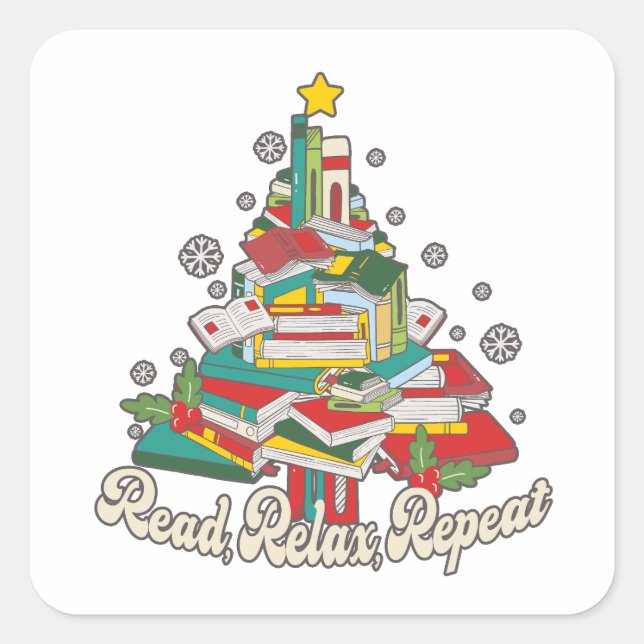 Christmas Tree Book Reading Square Sticker (Front)
