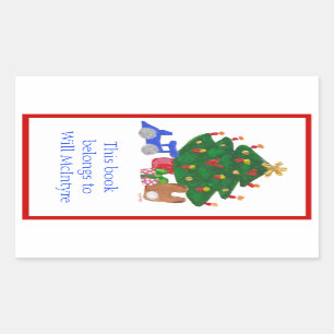 Christmas tree bookplate rectangular sticker