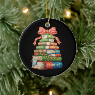 Christmas Tree Books Bow Reading Librarian Teacher Ceramic Ornament