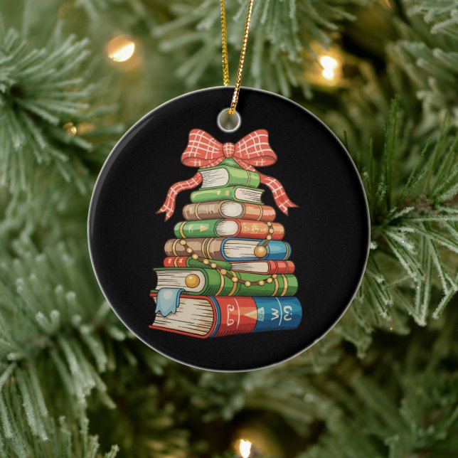 Christmas Tree Books Bow Reading Librarian Teacher Ceramic Ornament (Tree)