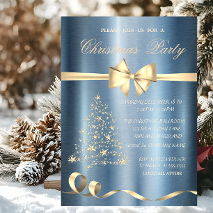 Christmas Tree,Bow Blue Metallic Christmas Party  Invitation