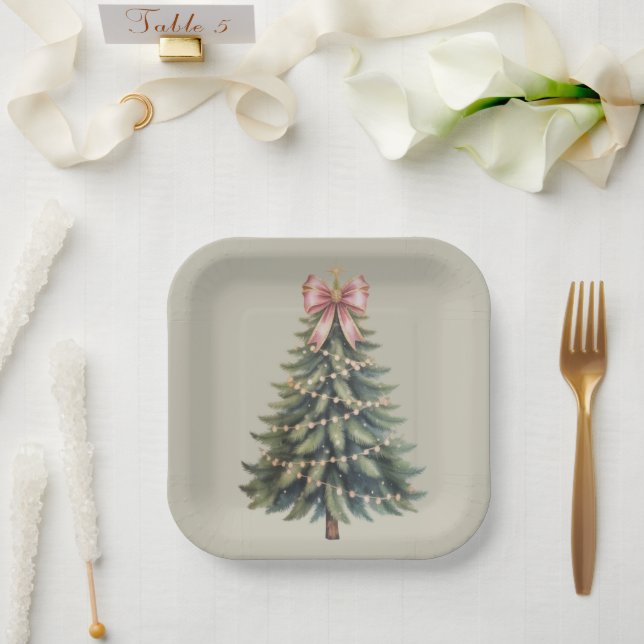 Christmas Tree Bow Coquette Xmas Paper Plate (Wedding)