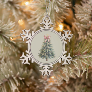 Christmas Tree Bow Coquette Xmas Snowflake Pewter Christmas Ornament