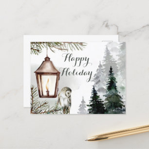 Christmas tree branch, a lantern with a candle holiday postcard