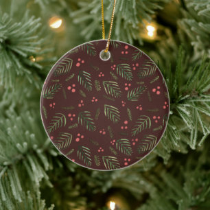 Christmas tree branches and berries - brown&green ceramic ornament