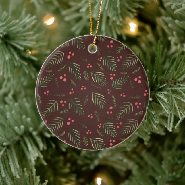 Christmas tree branches and berries - brown&green ceramic ornament (Tree)