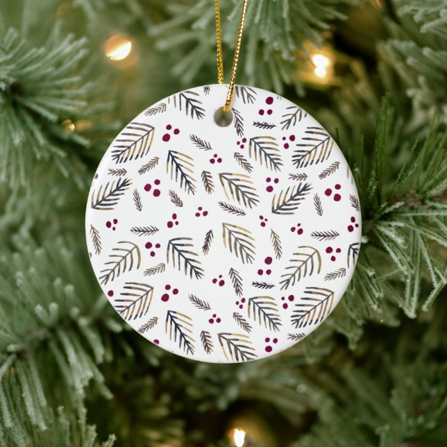Christmas tree branches and berries - burgundy ceramic ornament (Tree)