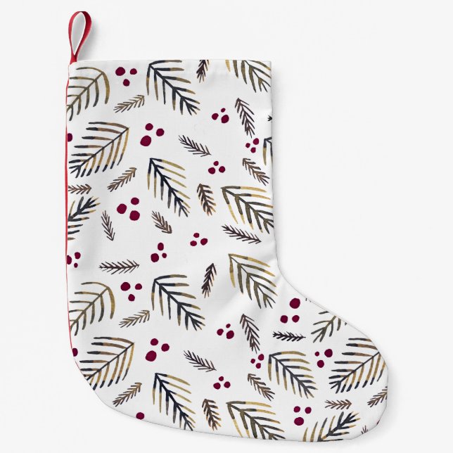 Christmas tree branches and berries - burgundy small christmas stocking (Front)