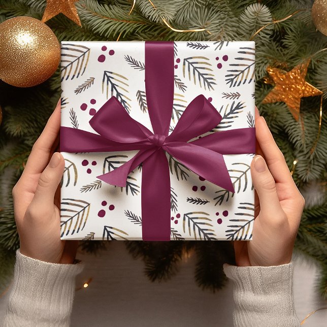 Christmas tree branches and berries - burgundy wrapping paper sheet (Creator Uploaded)