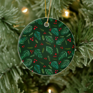 Christmas tree branches and berries - dark ceramic ornament