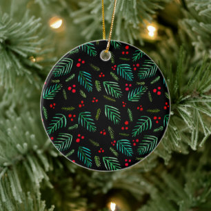 Christmas tree branches and berries - dark ceramic ornament
