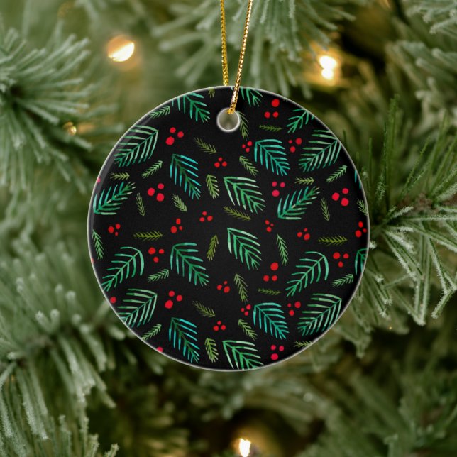 Christmas tree branches and berries - dark ceramic ornament (Tree)