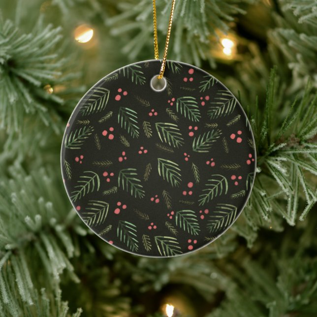 Christmas tree branches and berries - dark green ceramic ornament (Tree)